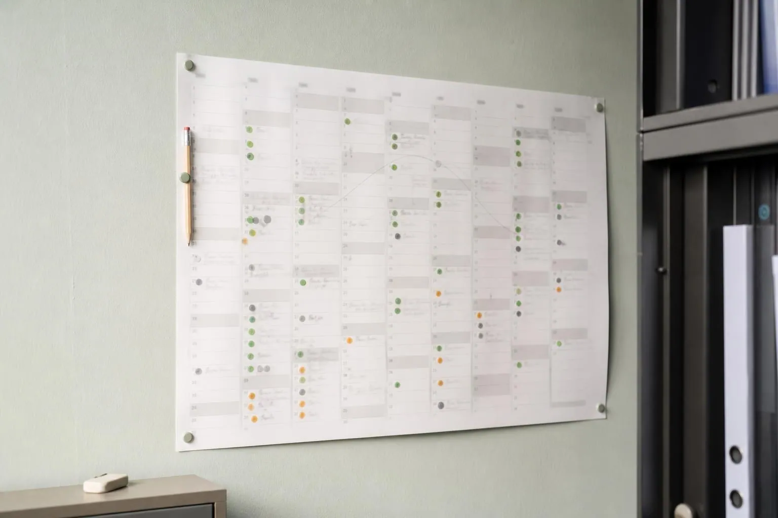 Calendrier mural annuel annote au crayon avec des pastilles adhesives de couleur, dans un bureau administratif