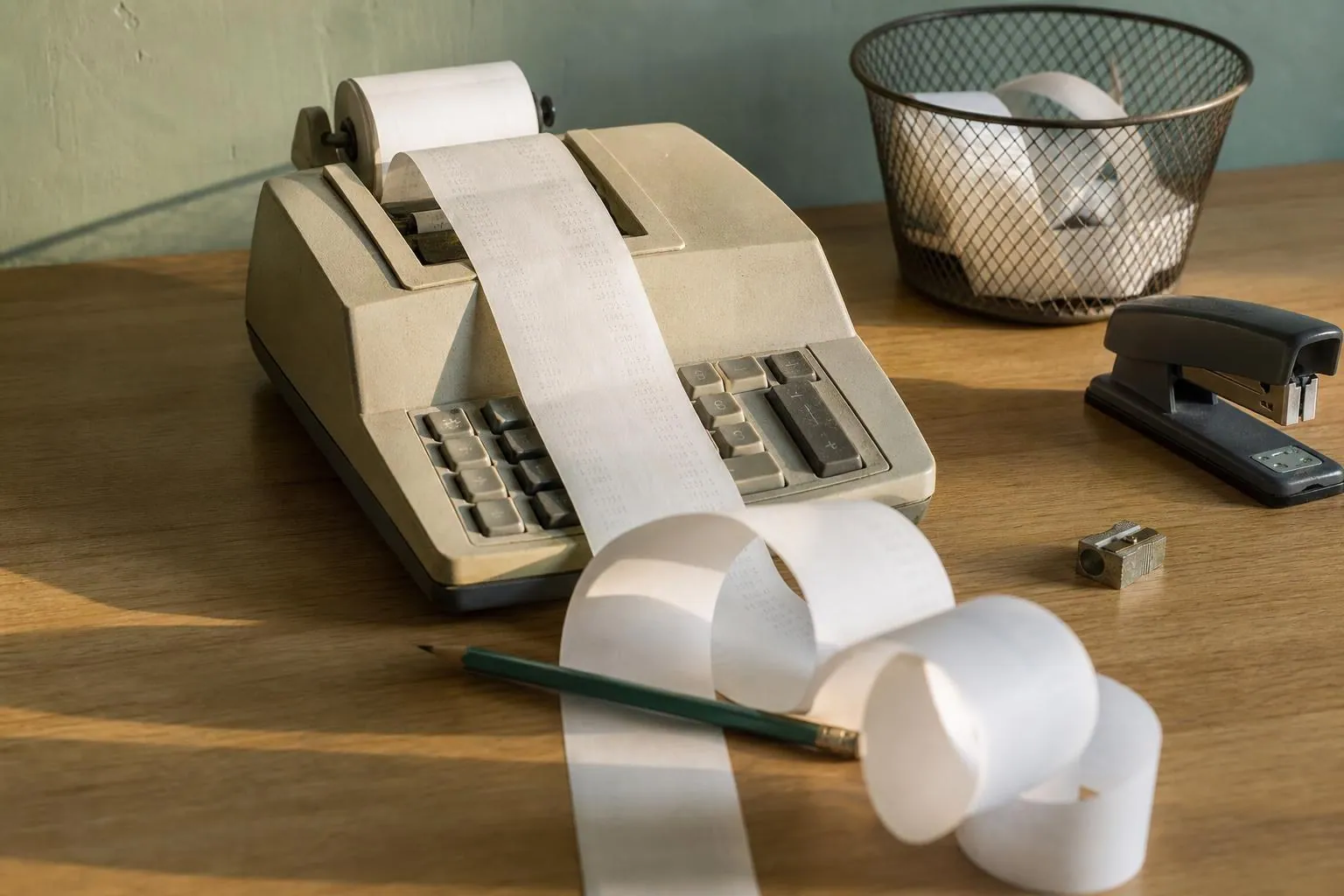 Calculatrice de bureau a rouleau papier posee sur un plan de travail, avec son ruban imprime deroule en spirale