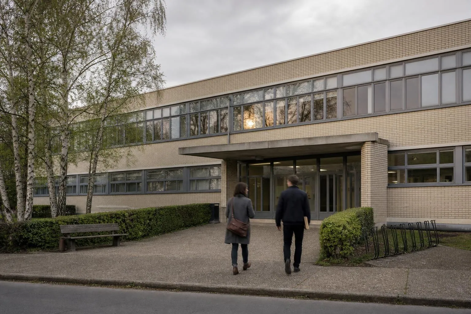 Facade en briques claires d’un etablissement de formation en fin de journee, avec deux silhouettes qui remontent l’allee