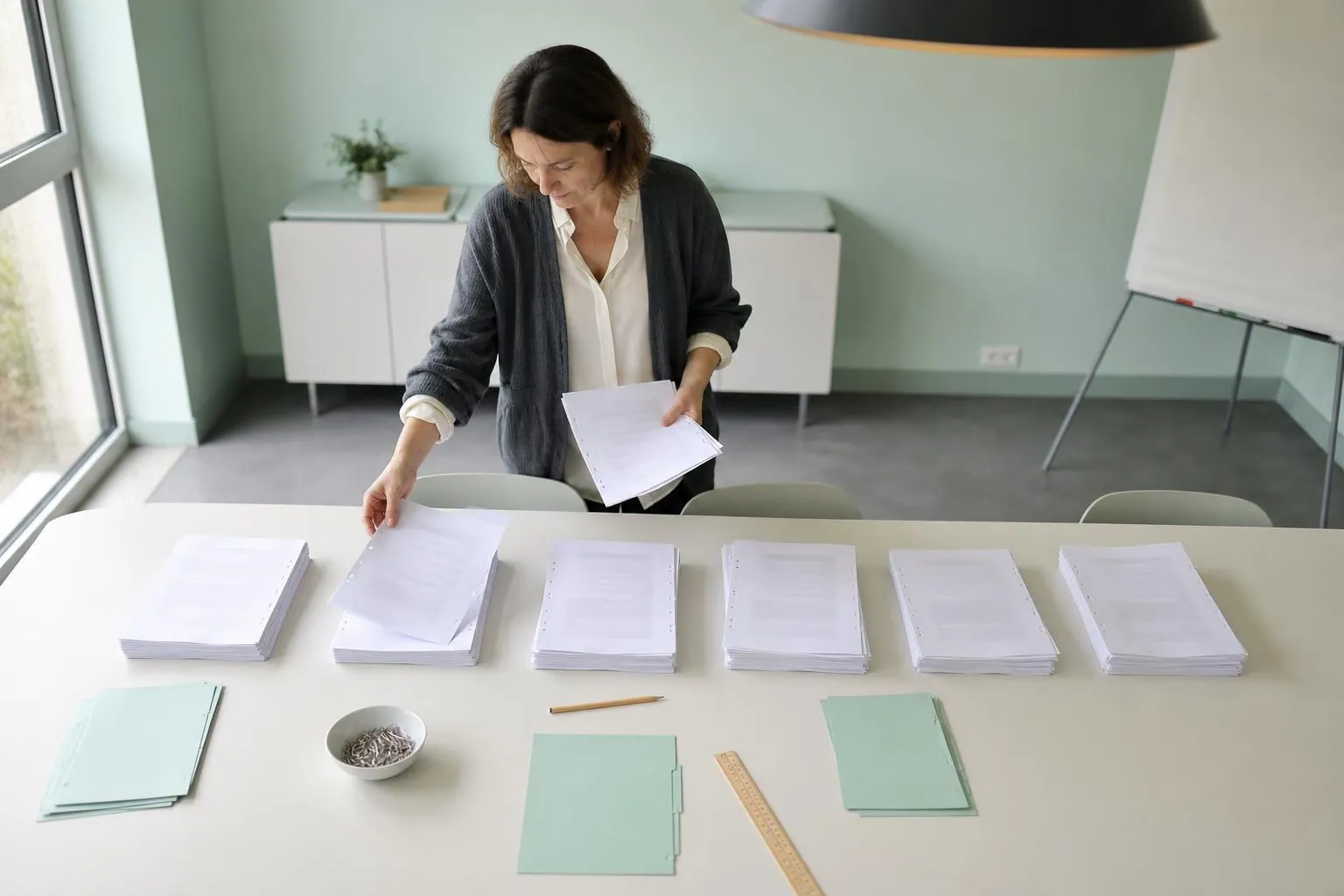 Responsable des relations entreprises triant des conventions de stage papier en piles sur une grande table de reunion