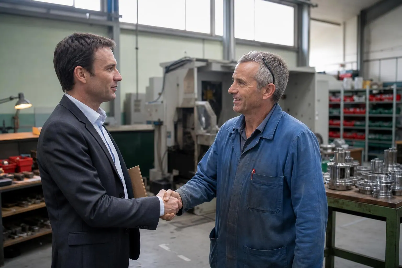 Charge de relations entreprises serrant la main d’un responsable d’atelier au milieu d’un atelier de production