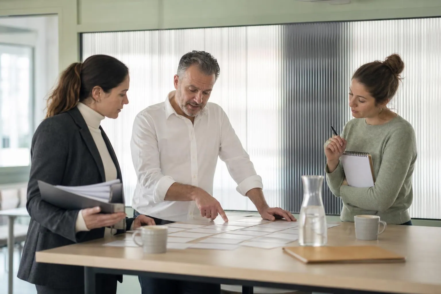 Trois professionnels debout autour d’une table haute comparent un classeur, un bloc note et une planche de fiches cartonnees