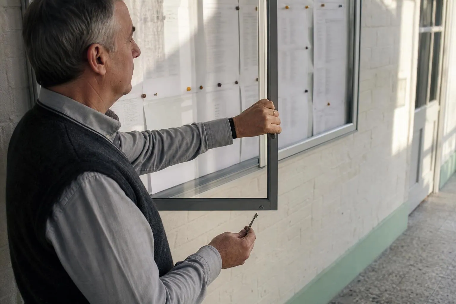 Panneau d’affichage vitre d’un couloir d’etablissement scolaire ou une main referme la vitre sur des feuillets punaises