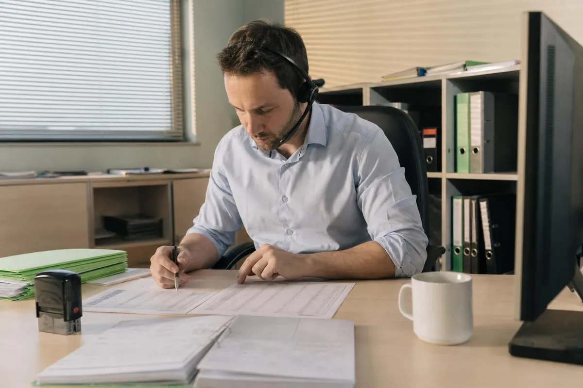Charge de relations entreprises assis a son bureau, classeurs de conventions ouverts et listes imprimees etalees, pendant un appel telephonique